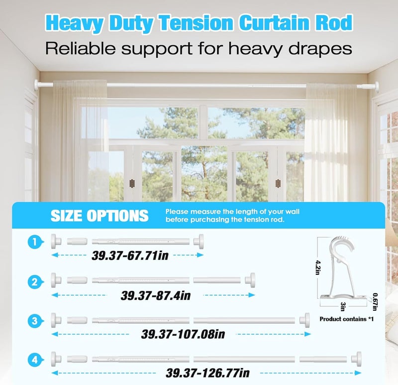 MEXAU White Tension Curtain Rods 41-126 In Extra Long Outdoor Patio Curtain Rods No Drilling Adjustable Heavy Duty Tension Rods for Windows Bathroom Living Room Curtains, Rod Diameter 1.26In - Image 3
